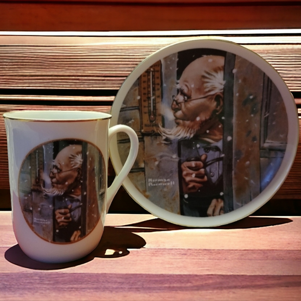 Vtg Mug & Plate Gold Trimmed Norman Rockwell IMM